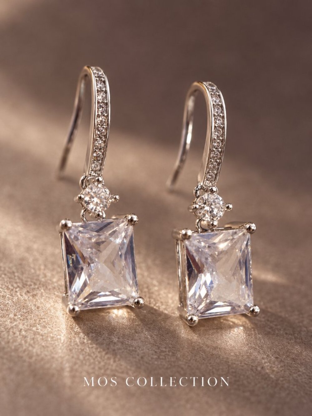 18k White Gold CZ Square Drop Earrings MOS Collection